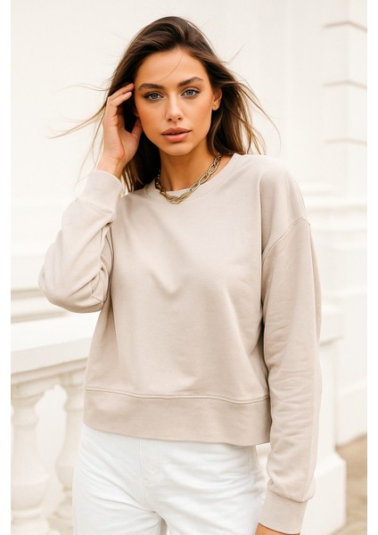 Kadın Bej Pamuklu Interlock Oversize Sweatshirt fiyatları