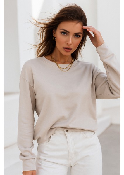 Kadın Bej Pamuklu Interlock Oversize Sweatshirt modelleri