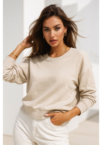 Kadın Bej Pamuklu Interlock Oversize Sweatshirt indirimleri