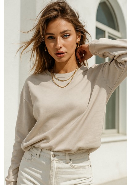 Kadın Bej Pamuklu Interlock Oversize Sweatshirt