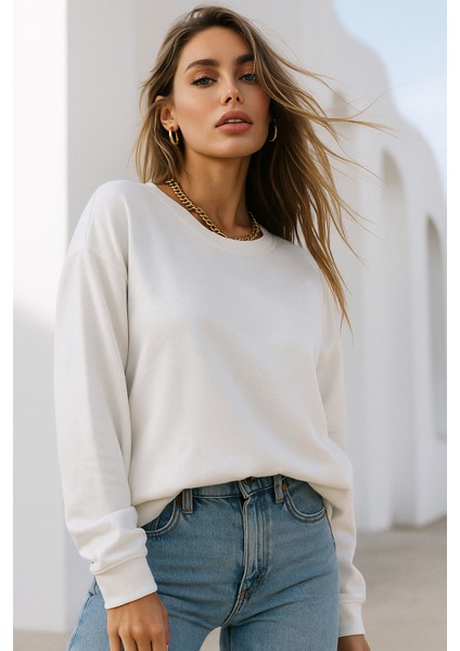 Kadın Ekru Pamuklu Interlock Oversize Sweatshirt