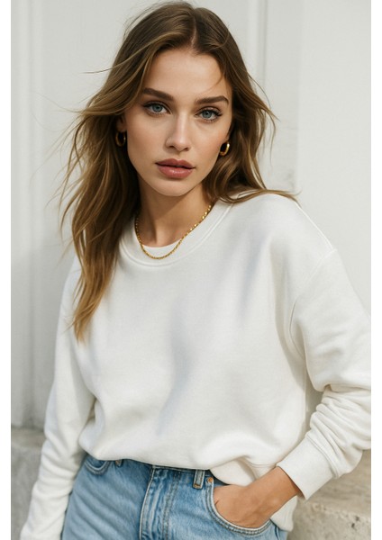 Kadın Ekru Pamuklu Interlock Oversize Sweatshirt fırsatları