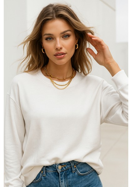 Kadın Ekru Pamuklu Interlock Oversize Sweatshirt indirimleri