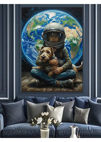 Dünya Köpek Sevimli Gezegen Astranot Dekoratif Kanvas - Mdf Ahşap Tablo