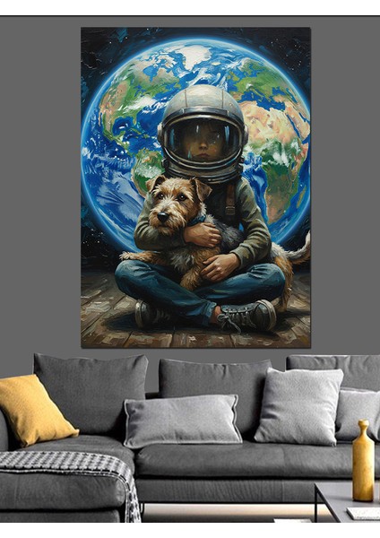 Dünya Köpek Sevimli Gezegen Astranot Dekoratif Kanvas - Mdf Ahşap Tablo fiyatları