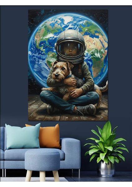 Dünya Köpek Sevimli Gezegen Astranot Dekoratif Kanvas - Mdf Ahşap Tablo fırsatları