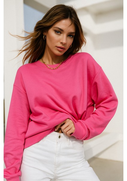Kadın Pembe Pamuklu Interlock Oversize Sweatshirt