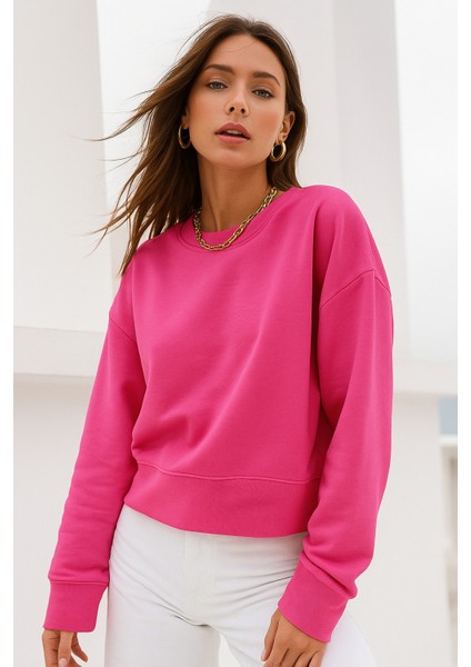 Kadın Pembe Pamuklu Interlock Oversize Sweatshirt modelleri