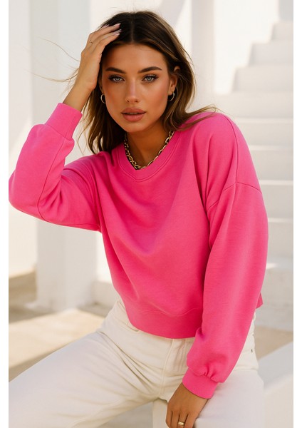 Kadın Pembe Pamuklu Interlock Oversize Sweatshirt indirimleri