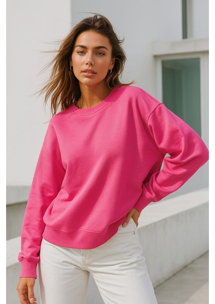 Kadın Pembe Pamuklu Interlock Oversize Sweatshirt