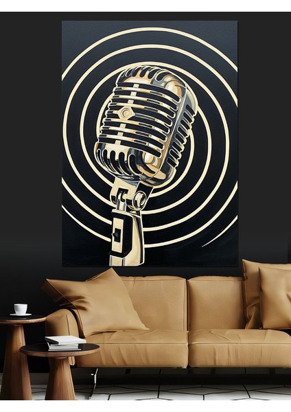 Vintage Mikrofon Müzik Çizimi Dekoratif Kanvas - Mdf Ahşap Tablo