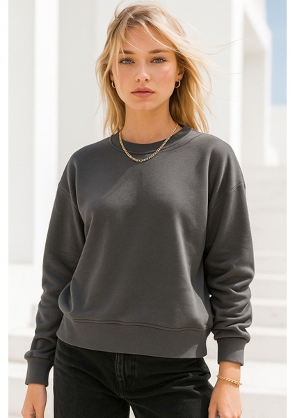Kadın Füme Pamuklu Interlock Oversize Sweatshirt modelleri