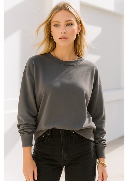 Kadın Füme Pamuklu Interlock Oversize Sweatshirt