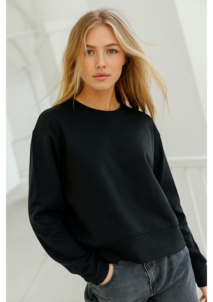 Kadın Siyah Pamuklu Interlock Oversize Sweatshirt
