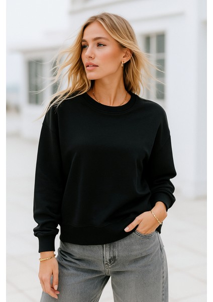 Kadın Siyah Pamuklu Interlock Oversize Sweatshirt fiyatları