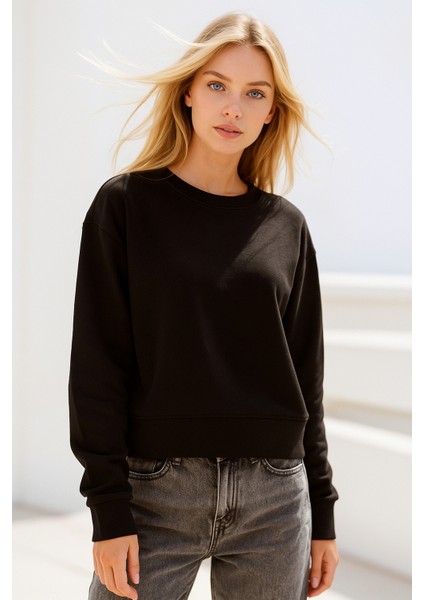 Kadın Siyah Pamuklu Interlock Oversize Sweatshirt modelleri