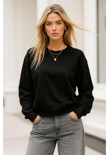 Kadın Siyah Pamuklu Interlock Oversize Sweatshirt fırsatları