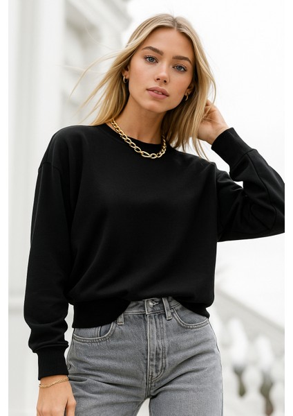 Kadın Siyah Pamuklu Interlock Oversize Sweatshirt indirimleri