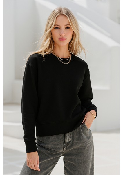 Kadın Siyah Pamuklu Interlock Oversize Sweatshirt