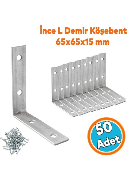 Metal Köşebent 65X65X15 mm (50 Adet) Ince L Demiri Gönye Mobilya Duvar Sabitleme Bağlantı Aparatı