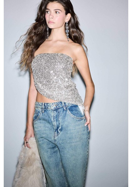 Fitted Straplez Payetli Tül BLUZ G5895AX25WN