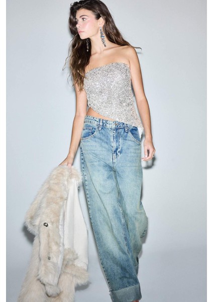 Fitted Straplez Payetli Tül BLUZ G5895AX25WN modelleri