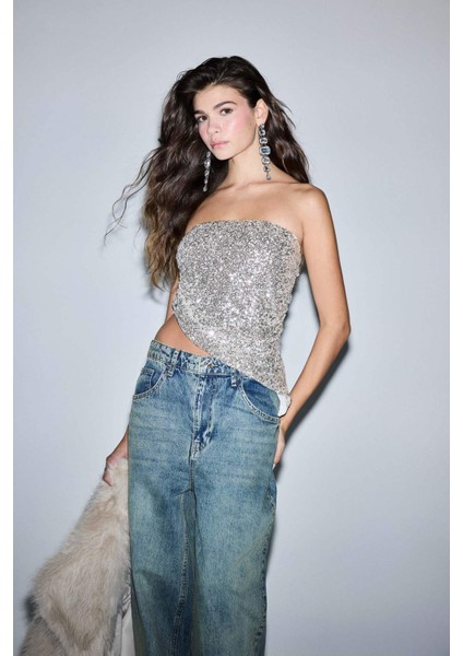 Fitted Straplez Payetli Tül BLUZ G5895AX25WN fırsatları