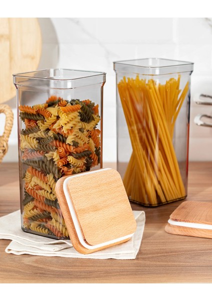 Kaviera 1500ml Ahşap Kapaklı Saklama Kabı 2'li