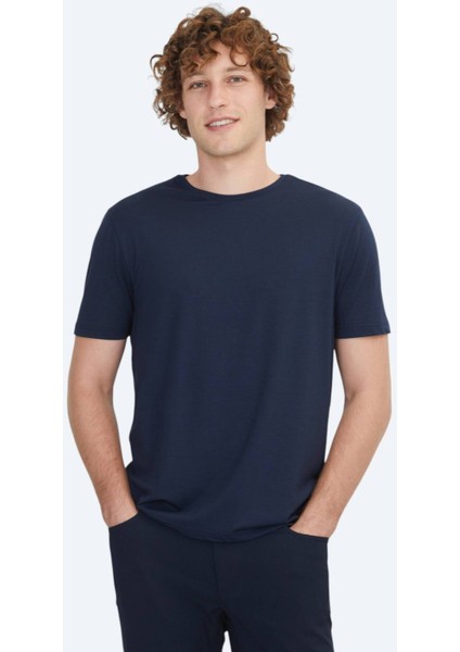 Lacivert Düz Bisiklet Yaka Pamuk Karışımlı T-Shirt