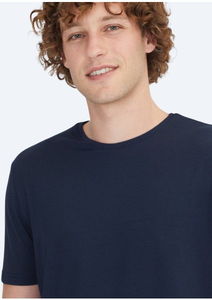 Lacivert Düz Bisiklet Yaka Pamuk Karışımlı T-Shirt modelleri