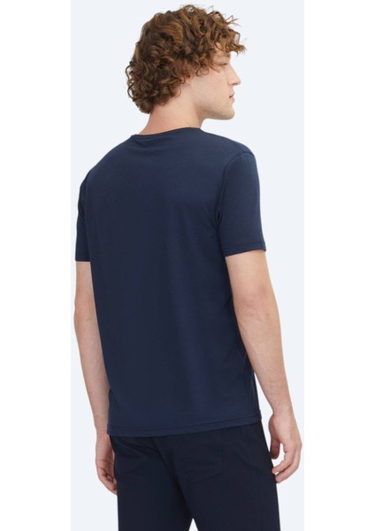 Lacivert Düz Bisiklet Yaka Pamuk Karışımlı T-Shirt indirimleri