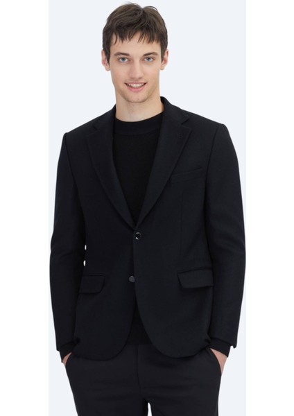 Siyah Düz Modern Fit Yün Karışımlı Ceket