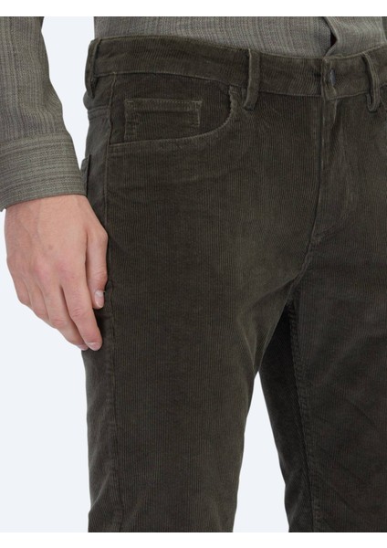 Haki Fitilli Dokuma Slim Fit Kadife Casual Pamuk Karışımlı Pantolon modelleri