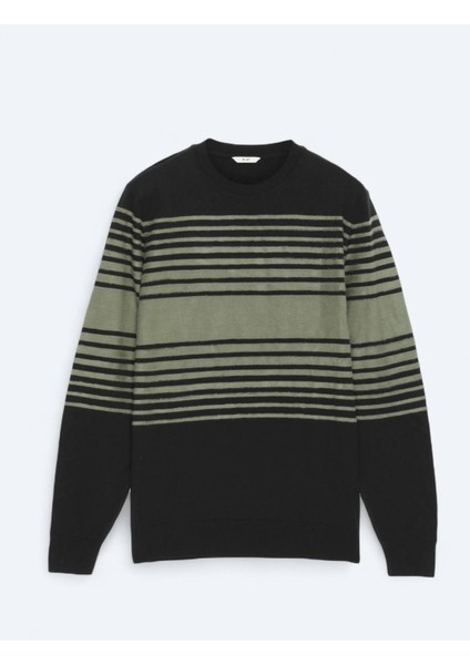 Siyah Bisiklet Yaka Desenli Pamuk Karışımlı Triko Kazak fiyatları