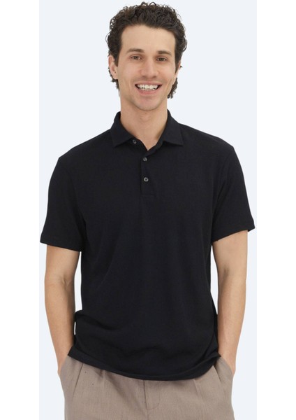 Siyah Düz Polo Yaka Pamuk Karışımlı T-Shirt