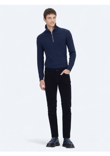 Lacivert Fitilli Dokuma Slim Fit Kadife Casual Pamuk Karışımlı Pantolon