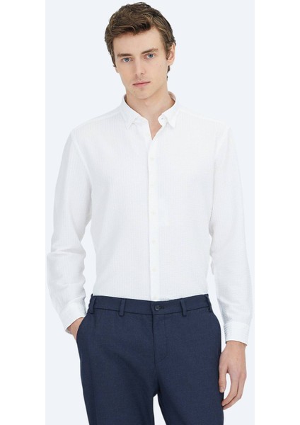 Beyaz Regular Fit Dokuma Casual Gömlek