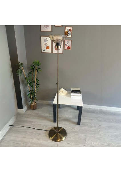 Vishi Bal Rengi Cam Lambader Düz Ince Gövde Modern Dekoratif Metal Zemin Lambası