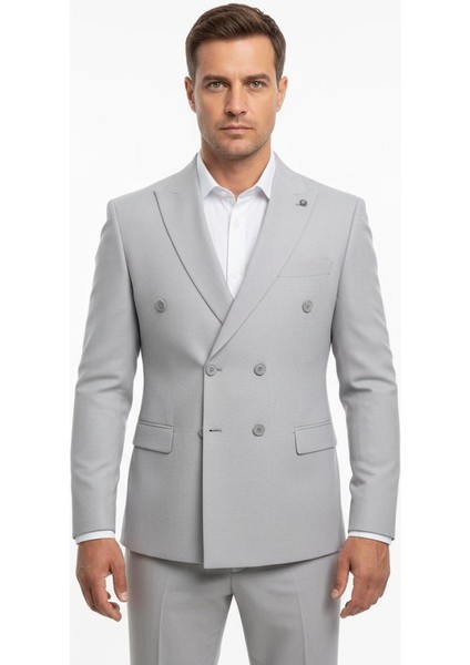 Gri Kruvaze Italyan Kesim Erkek Takım Elbise – Slim Fit Modern Mikro Desen Kumaş