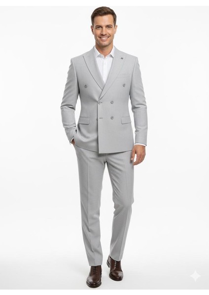 Gri Kruvaze Italyan Kesim Erkek Takım Elbise – Slim Fit Modern Mikro Desen Kumaş fırsatları