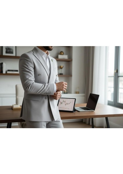 Gri Kruvaze Italyan Kesim Erkek Takım Elbise – Slim Fit Modern Mikro Desen Kumaş