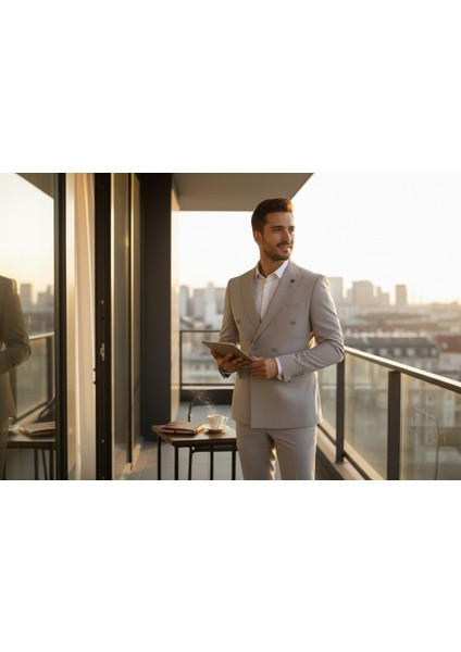 Gri Kruvaze Italyan Kesim Erkek Takım Elbise – Slim Fit Modern Mikro Desen Kumaş