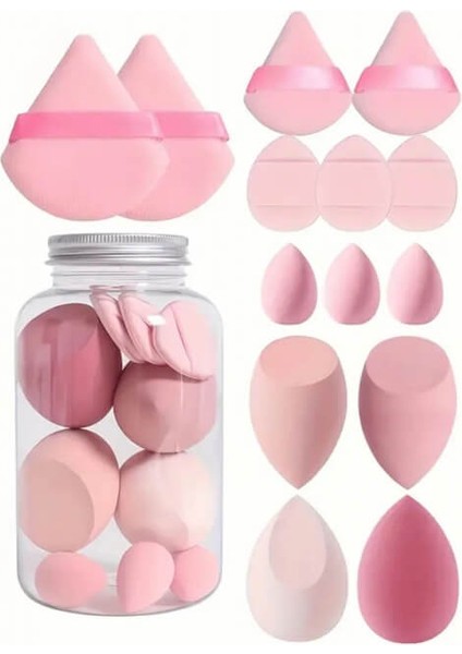 Özel Kavanoz 16 Parça Makyaj Sünger Seti Pembe