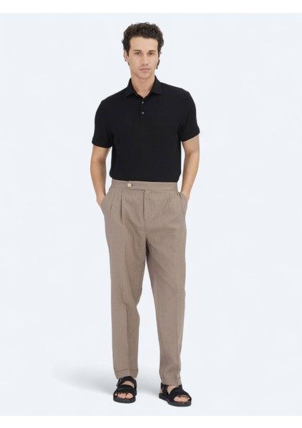 Koyu Vizon Dokuma Carrot Fit Casual Pamuk Karışımlı Pantolon