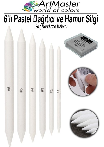 Gölgelendirme Kalemi Pastel Dağıtıcı 6 Lı 1 Paket ve 1 Adet Hamur Silgi Kalemi Kara Kalem Dağıtıcı Kalem Kaynaştırma