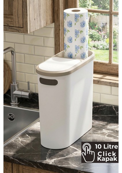 10 Litre Click Kapak Çöp Kovası, Banyo Çöp Kovası, Mutfak Çöp Kovası, Slim Çöp Kovası "Krem"