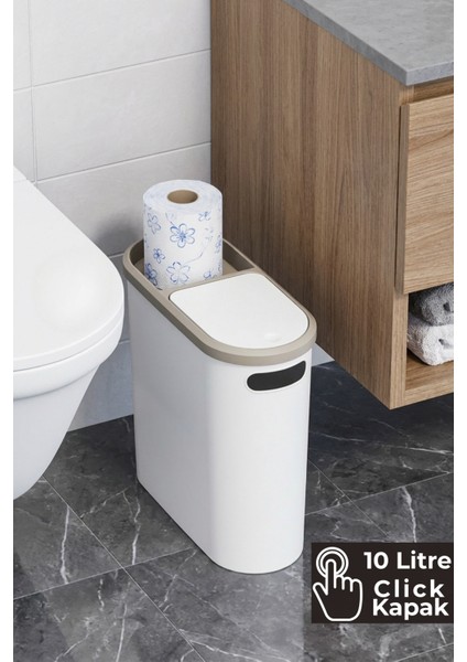 10 Litre Click Kapak Çöp Kovası, Banyo Çöp Kovası, Mutfak Çöp Kovası, Slim Çöp Kovası "Krem" modelleri