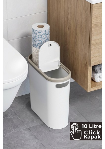 10 Litre Click Kapak Çöp Kovası, Banyo Çöp Kovası, Mutfak Çöp Kovası, Slim Çöp Kovası "Krem" fırsatları