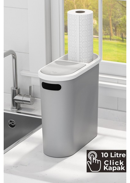 10 Litre Click Kapak Çöp Kovası, Banyo Çöp Kovası, Mutfak Çöp Kovası, Slim Çöp Kovası "Gri" fiyatları