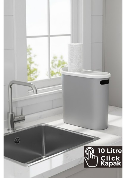 10 Litre Click Kapak Çöp Kovası, Banyo Çöp Kovası, Mutfak Çöp Kovası, Slim Çöp Kovası "Gri" indirimleri